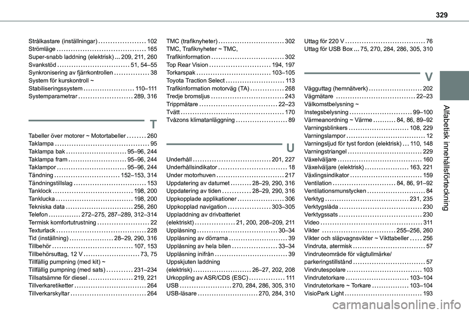 TOYOTA PROACE VERSO EV 2023 Bruksanvisningar (in Swedish) 329
Alfabetisk innehållsförteckning
Strålkastare (inställningar) 102Strömläge 165Super-snabb laddning (elektrisk) 209, 2 11, 260Svankstöd 51, 54–55Synkronisering av fjärrkontrollen TOYOTA PROACE VERSO EV 2023 Bruksanvisningar (in Swedish) 329
Alfabetisk innehållsförteckning
Strålkastare (inställningar) 102Strömläge 165Super-snabb laddning (elektrisk) 209, 2 11, 260Svankstöd 51, 54–55Synkronisering av fjärrkontrollen