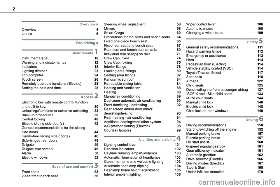 TOYOTA PROACE VERSO EV 2022 Owners Manual 2
■Overview
Overview 4Labels 6
■Eco-driving
1Instruments
Instrument Panel 10Warning and indicator lamps 12Indicators 18Lighting dimmer 23Trip computer 24Touch screen 26Re TOYOTA PROACE VERSO EV 2022 Owners Manual 2
■Overview
Overview 4Labels 6
■Eco-driving
1Instruments
Instrument Panel 10Warning and indicator lamps 12Indicators 18Lighting dimmer 23Trip computer 24Touch screen 26Re