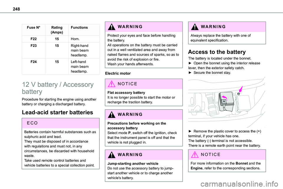 TOYOTA PROACE VERSO EV 2022 Owners Manual 248
Fuse N°Rating(Amps)Functions
F2215Horn.
F2315Right-hand main beam headlamp.
F2415Left-hand
main beam headlamp.
12 V battery / Accessory
battery
Procedure for starting the engine using another b TOYOTA PROACE VERSO EV 2022 Owners Manual 248
Fuse N°Rating(Amps)Functions
F2215Horn.
F2315Right-hand main beam headlamp.
F2415Left-hand
main beam headlamp.
12 V battery / Accessory
battery
Procedure for starting the engine using another b