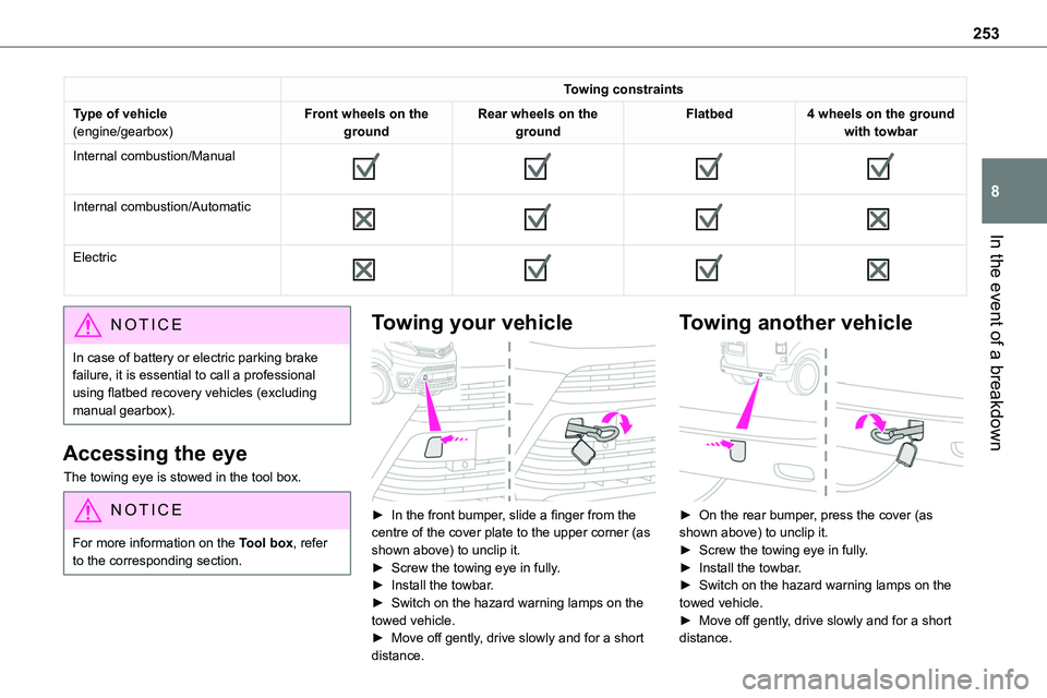 TOYOTA PROACE VERSO EV 2022 Owners Manual 253
In the event of a breakdown
8
Towing constraints
Type of vehicle(engine/gearbox)Front wheels on the groundRear wheels on the groundFlatbed4 wheels on the ground with towbar
Internal combustion/Man TOYOTA PROACE VERSO EV 2022 Owners Manual 253
In the event of a breakdown
8
Towing constraints
Type of vehicle(engine/gearbox)Front wheels on the groundRear wheels on the groundFlatbed4 wheels on the ground with towbar
Internal combustion/Man