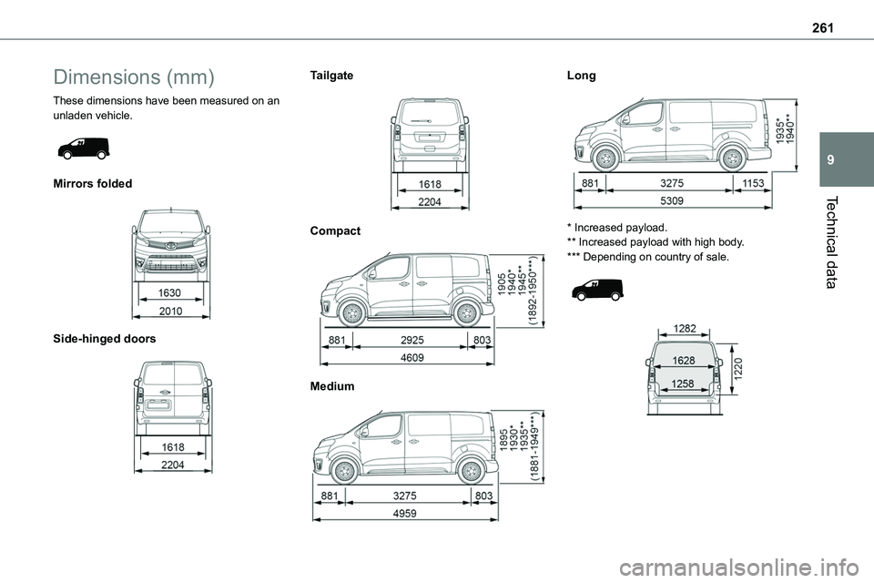 TOYOTA PROACE VERSO EV 2022 Owners Manual 261
Technical data
9
Dimensions (mm)
These dimensions have been measured on an unladen vehicle.
Mirrors folded
Side-hinged doors
Tailgate
Compact
Medium
Long
* Increased payload.* TOYOTA PROACE VERSO EV 2022 Owners Manual 261
Technical data
9
Dimensions (mm)
These dimensions have been measured on an unladen vehicle.
Mirrors folded
Side-hinged doors
Tailgate
Compact
Medium
Long
* Increased payload.*