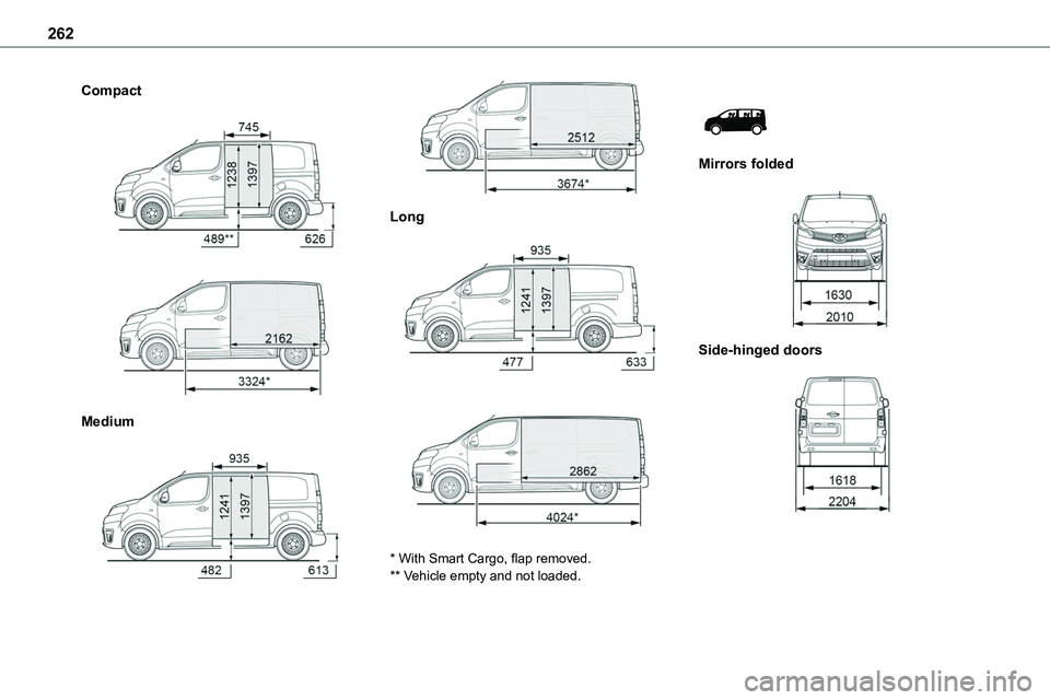 TOYOTA PROACE VERSO EV 2022 Owners Manual 262
Compact
Medium
Long
* With Smart Cargo, flap removed.** Vehicle empty and not loaded.
Mirrors folded
Side-hinged doors
TOYOTA PROACE VERSO EV 2022 Owners Manual 262
Compact
Medium
Long
* With Smart Cargo, flap removed.** Vehicle empty and not loaded.
Mirrors folded
Side-hinged doors