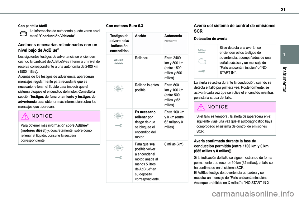 TOYOTA PROACE VERSO EV 2022  Manual del propietario (in Spanish) 21
Instrumentos
1
Con pantalla táctilLa información de autonomía puede verse en el menú "Conducción/Vehículo".
Acciones necesarias relacionadas con un 
nivel bajo de AdBlue®
Los siguien