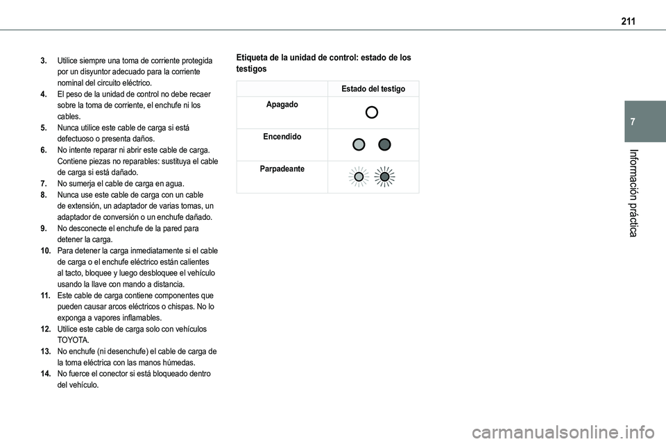 TOYOTA PROACE VERSO EV 2022  Manual del propietario (in Spanish) 2 11
Información práctica
7
3.Utilice siempre una toma de corriente protegida por un disyuntor adecuado para la corriente nominal del circuito eléctrico.
4.El peso de la unidad de control no debe r
