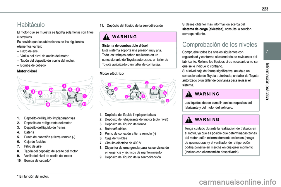 TOYOTA PROACE VERSO EV 2022  Manual del propietario (in Spanish) 223
Información práctica
7
Habitáculo
El motor que se muestra se facilita solamente con fines ilustrativos.Es posible que las ubicaciones de los siguientes elementos varíen:– Filtro de aire.– 
