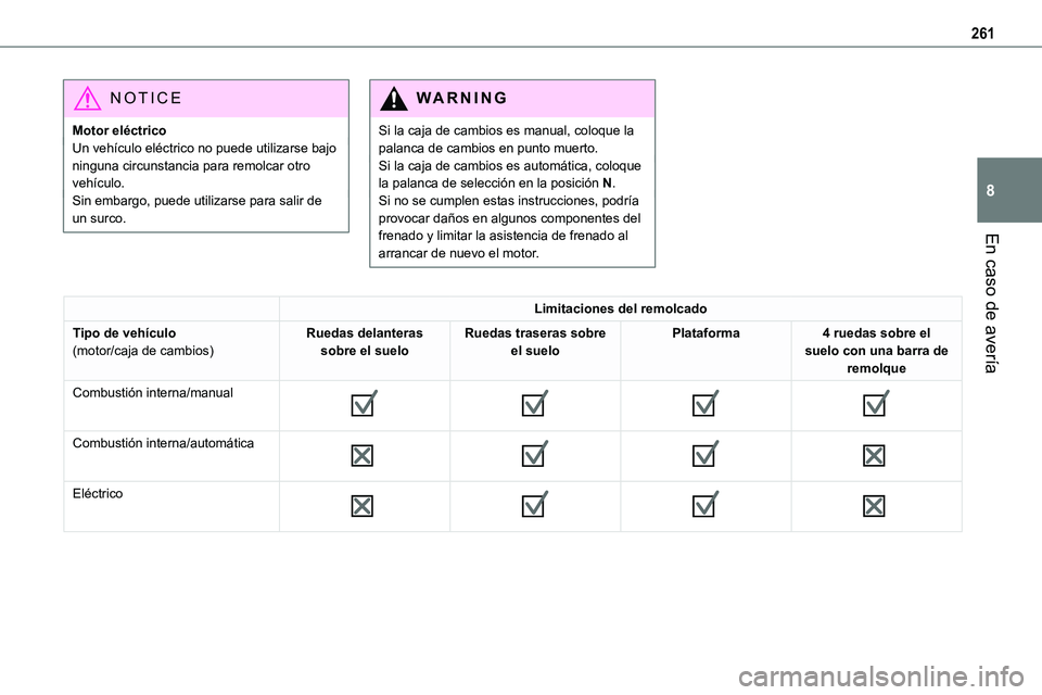 TOYOTA PROACE VERSO EV 2022  Manual del propietario (in Spanish) 261
En caso de avería
8
NOTIC E
Motor eléctricoUn vehículo eléctrico no puede utilizarse bajo ninguna circunstancia para remolcar otro vehículo.Sin embargo, puede utilizarse para salir de un surc