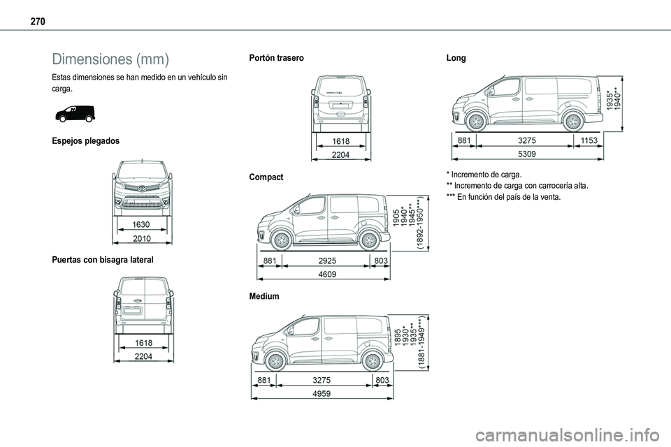 TOYOTA PROACE VERSO EV 2022  Manual del propietario (in Spanish) 270
Dimensiones (mm)
Estas dimensiones se han medido en un vehículo sin carga. 
 
Espejos plegados 
 
Puertas con bisagra lateral 
 
Portón trasero 
 
Compact 
 
Medium 
 
Long 
 
* Incremento de ca