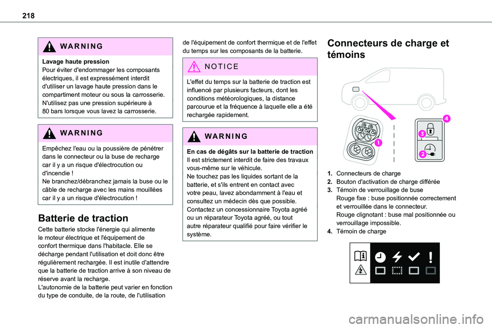 TOYOTA PROACE VERSO EV 2022  Manuel du propriétaire (in French) 218
WARNI NG
Lavage haute pressionPour éviter d'endommager les composants électriques, il est expressément interdit d'utiliser un lavage haute pression dans le compartiment moteur ou sous l