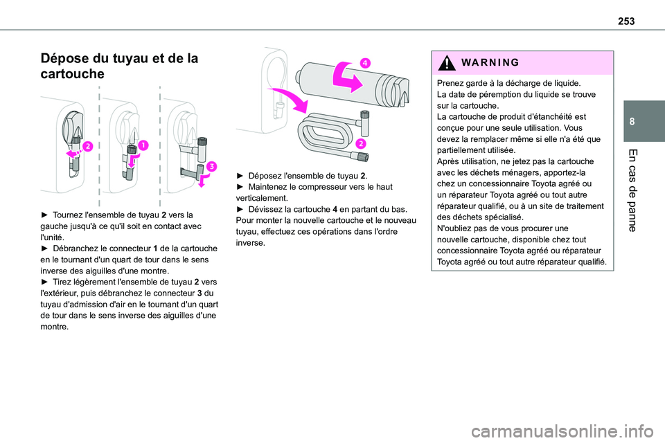 TOYOTA PROACE VERSO EV 2022  Manuel du propriétaire (in French) 253
En cas de panne
8
Dépose du tuyau et de la 
cartouche 
 
► Tournez l'ensemble de tuyau 2 vers la gauche jusqu'à ce qu'il soit en contact avec l'unité.►  Débranchez le conne