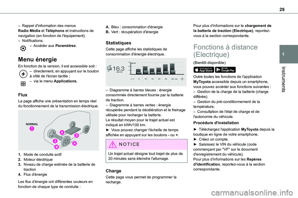 TOYOTA PROACE VERSO EV 2022  Manuel du propriétaire (in French) 29
Instruments
1
– Rappel d'information des menus Radio Média et Téléphone et instructions de navigation (en fonction de l'équipement).– Notifications.– Accéder aux Paramètres. 
Me