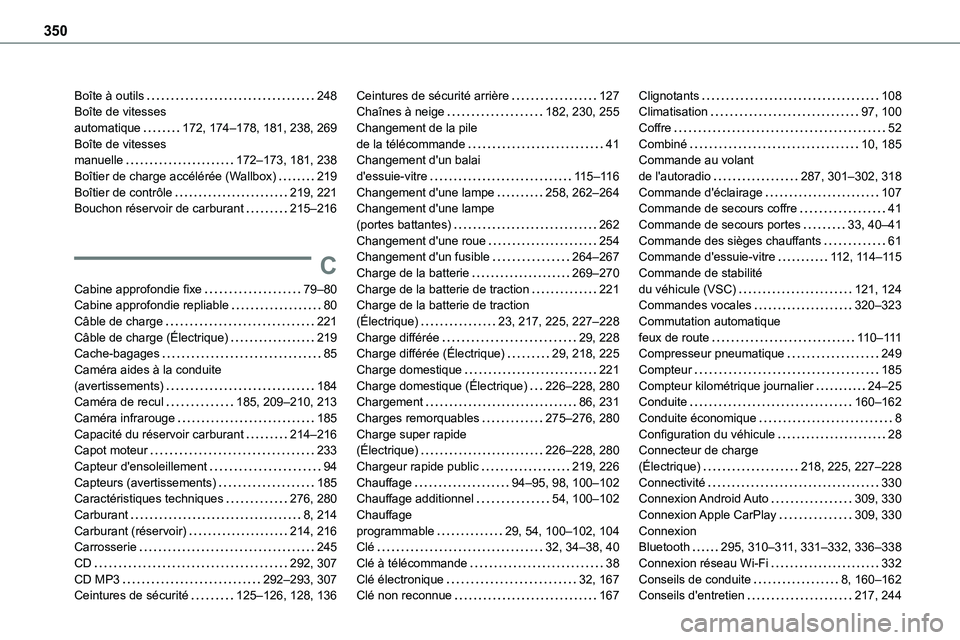 TOYOTA PROACE VERSO EV 2022 Manuel du propriétaire (in French) 350
Boîte à outils 248Boîte de vitesses automatique 172, 174–178, 181, 238, 269Boîte de vitesses manuelle 172–173, 181, 238Boîtier de charge accélérée (Wallbox) 219Boîtier de co TOYOTA PROACE VERSO EV 2022 Manuel du propriétaire (in French) 350
Boîte à outils 248Boîte de vitesses automatique 172, 174–178, 181, 238, 269Boîte de vitesses manuelle 172–173, 181, 238Boîtier de charge accélérée (Wallbox) 219Boîtier de co