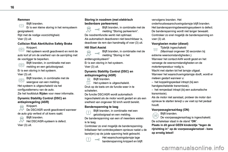 TOYOTA PROACE VERSO EV 2022 Instructieboekje (in Dutch) 16
RemmenBlijft branden.Er is een kleine storing in het remsysteem gesignaleerd.Rijd met de nodige voorzichtigheid.Voer (3) uit.
Collision Risk Alert/Active Safety BrakeKnippert.Het systeem wordt geac TOYOTA PROACE VERSO EV 2022 Instructieboekje (in Dutch) 16
RemmenBlijft branden.Er is een kleine storing in het remsysteem gesignaleerd.Rijd met de nodige voorzichtigheid.Voer (3) uit.
Collision Risk Alert/Active Safety BrakeKnippert.Het systeem wordt geac