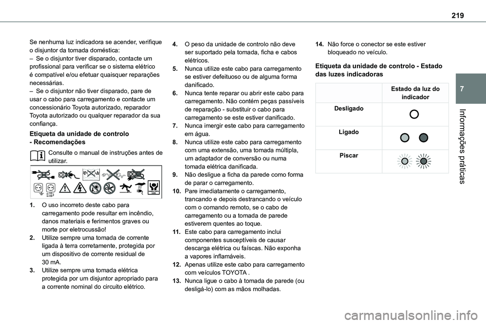 TOYOTA PROACE VERSO EV 2022 Manual de utilização (in Portuguese) 219
Informações práticas
7
Se nenhuma luz indicadora se acender, verifique o disjuntor da tomada doméstica:– Se o disjuntor tiver disparado, contacte um profissional para verificar se o sistema TOYOTA PROACE VERSO EV 2022 Manual de utilização (in Portuguese) 219
Informações práticas
7
Se nenhuma luz indicadora se acender, verifique o disjuntor da tomada doméstica:– Se o disjuntor tiver disparado, contacte um profissional para verificar se o sistema