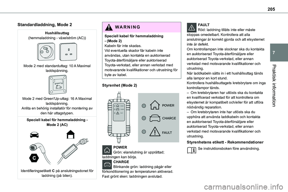 TOYOTA PROACE VERSO EV 2022 Bruksanvisningar (in Swedish) 205
Praktisk information
7
Standardladdning, Mode 2
Hushållsuttag(hemmaladdning - växelström (AC))
Mode 2 med standarduttag: 10 A Maximal laddspänning.
Mode 2 med Green'Up-uttag: 16 A Ma TOYOTA PROACE VERSO EV 2022 Bruksanvisningar (in Swedish) 205
Praktisk information
7
Standardladdning, Mode 2
Hushållsuttag(hemmaladdning - växelström (AC))
Mode 2 med standarduttag: 10 A Maximal laddspänning.
Mode 2 med Green'Up-uttag: 16 A Ma