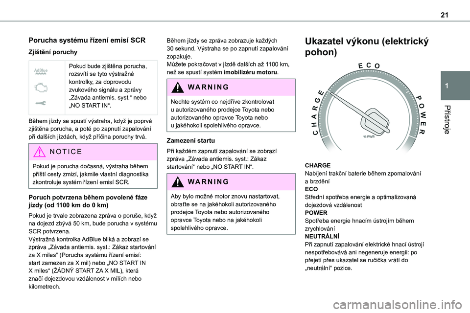 TOYOTA PROACE VERSO EV 2022 Návod na použití (in Czech) 21
Přístroje
1
Porucha systému řízení emisí SCR
Zjištění poruchy
Pokud bude zjištěna porucha, rozsvítí se tyto výstražné kontrolky, za doprovodu zvukového signálu a zprávy „Z TOYOTA PROACE VERSO EV 2022 Návod na použití (in Czech) 21
Přístroje
1
Porucha systému řízení emisí SCR
Zjištění poruchy
Pokud bude zjištěna porucha, rozsvítí se tyto výstražné kontrolky, za doprovodu zvukového signálu a zprávy „Z