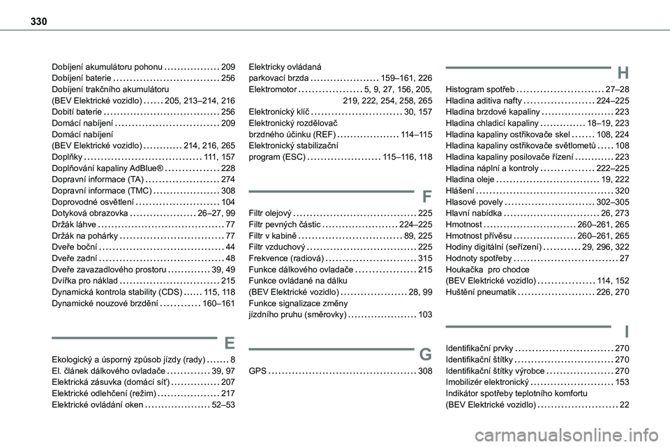 TOYOTA PROACE VERSO EV 2022  Návod na použití (in Czech) 330
Dobíjení akumulátoru pohonu   209Dobíjení baterie   256Dobíjení trakčního akumulátoru  (BEV Elektrické vozidlo)   205, 213–214, 216Dobití baterie   256Domácí nabíjení   209Domác