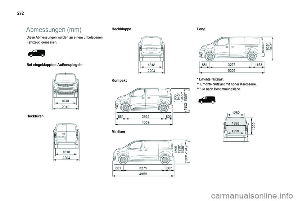 TOYOTA PROACE VERSO EV 2020 Betriebsanleitungen (in German) 272
Abmessungen (mm)
Diese Abmessungen wurden an einem unbeladenen Fahrzeug gemessen.
Bei eingeklappten Außenspiegeln
Hecktüren
Heckklappe
Kompakt
Medium
Long
* Erhöhte Nutzlas TOYOTA PROACE VERSO EV 2020 Betriebsanleitungen (in German) 272
Abmessungen (mm)
Diese Abmessungen wurden an einem unbeladenen Fahrzeug gemessen.
Bei eingeklappten Außenspiegeln
Hecktüren
Heckklappe
Kompakt
Medium
Long
* Erhöhte Nutzlas