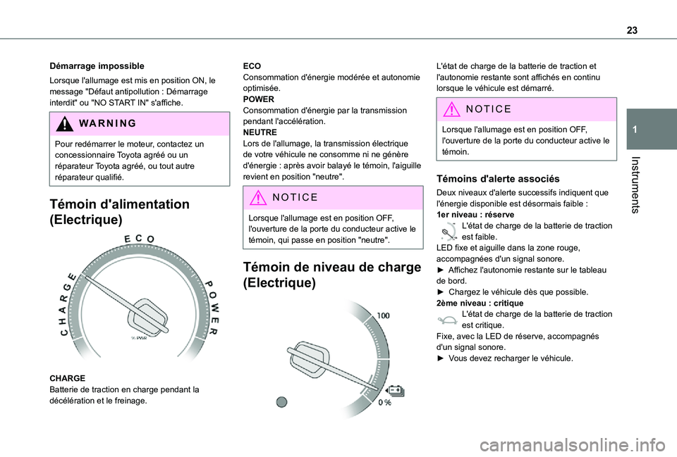 TOYOTA PROACE VERSO EV 2020 Manuel du propriétaire (in French) 23
Instruments
1
Démarrage impossible
Lorsque l'allumage est mis en position ON, le message "Défaut antipollution : Démarrage interdit" ou "NO START IN" s'affiche.
WARNI NG
TOYOTA PROACE VERSO EV 2020 Manuel du propriétaire (in French) 23
Instruments
1
Démarrage impossible
Lorsque l'allumage est mis en position ON, le message "Défaut antipollution : Démarrage interdit" ou "NO START IN" s'affiche.
WARNI NG