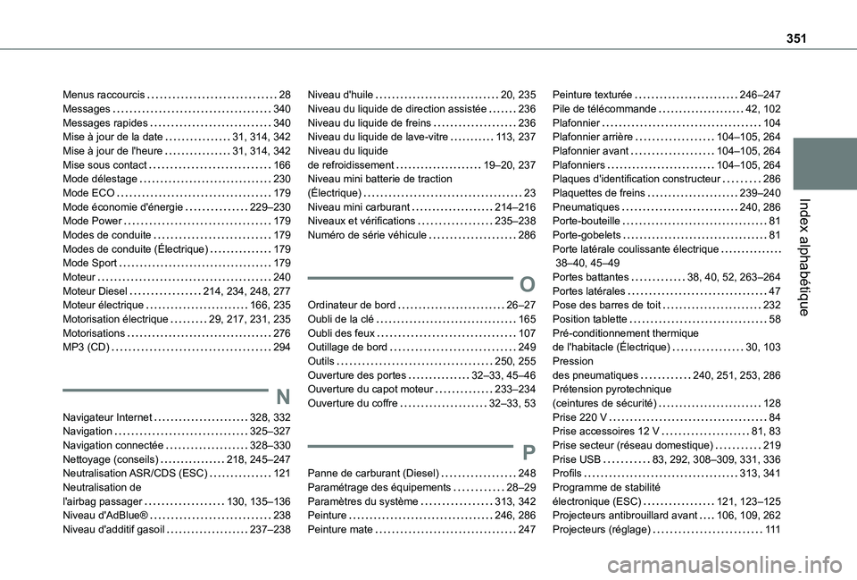 TOYOTA PROACE VERSO EV 2020 Manuel du propriétaire (in French) 351
Index alphabétique
Menus raccourcis 28Messages 340Messages rapides 340Mise à jour de la date 31, 314, 342Mise à jour de l'heure 31, 314, 342Mise sous contact 166Mode délestage TOYOTA PROACE VERSO EV 2020 Manuel du propriétaire (in French) 351
Index alphabétique
Menus raccourcis 28Messages 340Messages rapides 340Mise à jour de la date 31, 314, 342Mise à jour de l'heure 31, 314, 342Mise sous contact 166Mode délestage