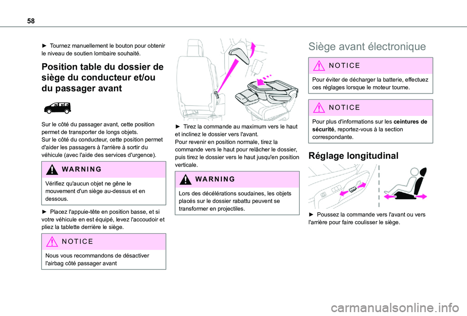 TOYOTA PROACE VERSO EV 2020 Manuel du propriétaire (in French) 58
► Tournez manuellement le bouton pour obtenir le niveau de soutien lombaire souhaité.
Position table du dossier de
siège du conducteur et/ou
du passager avant
Sur le côté du passager ava TOYOTA PROACE VERSO EV 2020 Manuel du propriétaire (in French) 58
► Tournez manuellement le bouton pour obtenir le niveau de soutien lombaire souhaité.
Position table du dossier de
siège du conducteur et/ou
du passager avant
Sur le côté du passager ava