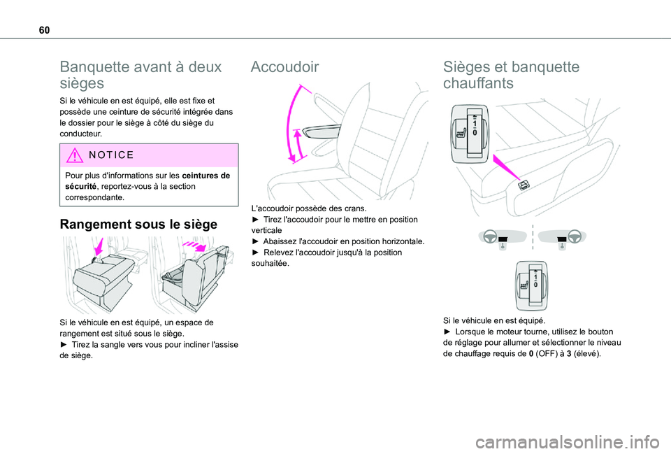 TOYOTA PROACE VERSO EV 2020 Manuel du propriétaire (in French) 60
Banquette avant à deux
sièges
Si le véhicule en est équipé, elle est fixe et possède une ceinture de sécurité intégrée dans le dossier pour le siège à côté du siège du conducteur.
N TOYOTA PROACE VERSO EV 2020 Manuel du propriétaire (in French) 60
Banquette avant à deux
sièges
Si le véhicule en est équipé, elle est fixe et possède une ceinture de sécurité intégrée dans le dossier pour le siège à côté du siège du conducteur.
N