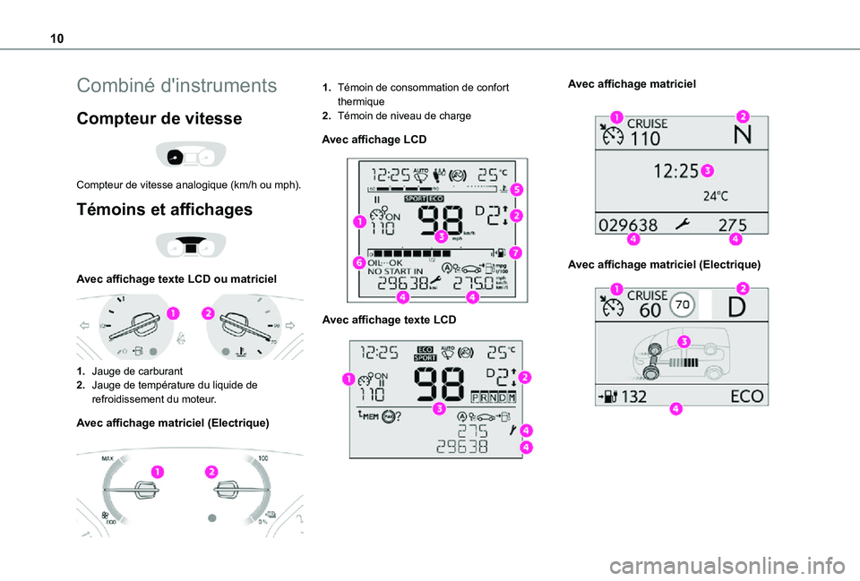 TOYOTA PROACE VERSO EV 2020 Manuel du propriétaire (in French) 10
Combiné d'instruments
Compteur de vitesse
Compteur de vitesse analogique (km/h ou mph).
Témoins et affichages
Avec affichage texte LCD ou matriciel
1.Jauge de carburant
2.Jauge de te TOYOTA PROACE VERSO EV 2020 Manuel du propriétaire (in French) 10
Combiné d'instruments
Compteur de vitesse
Compteur de vitesse analogique (km/h ou mph).
Témoins et affichages
Avec affichage texte LCD ou matriciel
1.Jauge de carburant
2.Jauge de te