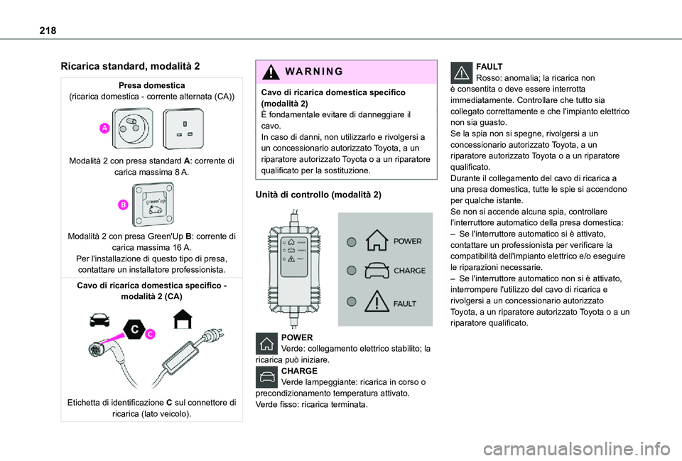 TOYOTA PROACE VERSO EV 2020 Manuale duso (in Italian) 218
Ricarica standard, modalità 2
Presa domestica(ricarica domestica - corrente alternata (CA))
Modalità 2 con presa standard A: corrente di carica massima 8 A.
Modalità 2 con presa Green' TOYOTA PROACE VERSO EV 2020 Manuale duso (in Italian) 218
Ricarica standard, modalità 2
Presa domestica(ricarica domestica - corrente alternata (CA))
Modalità 2 con presa standard A: corrente di carica massima 8 A.
Modalità 2 con presa Green'