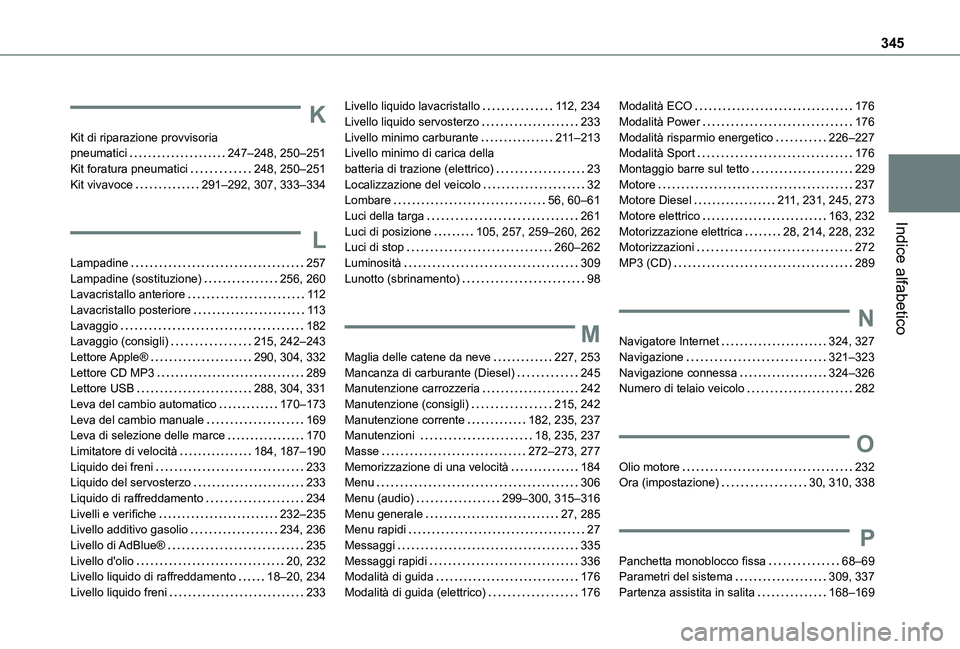 TOYOTA PROACE VERSO EV 2020 Manuale duso (in Italian) 345
Indice alfabetico
K
Kit di riparazione provvisoria pneumatici 247–248, 250–251Kit foratura pneumatici 248, 250–251Kit vivavoce 291–292, 307, 333–334
L
Lampadine 257Lampadine (so TOYOTA PROACE VERSO EV 2020 Manuale duso (in Italian) 345
Indice alfabetico
K
Kit di riparazione provvisoria pneumatici 247–248, 250–251Kit foratura pneumatici 248, 250–251Kit vivavoce 291–292, 307, 333–334
L
Lampadine 257Lampadine (so