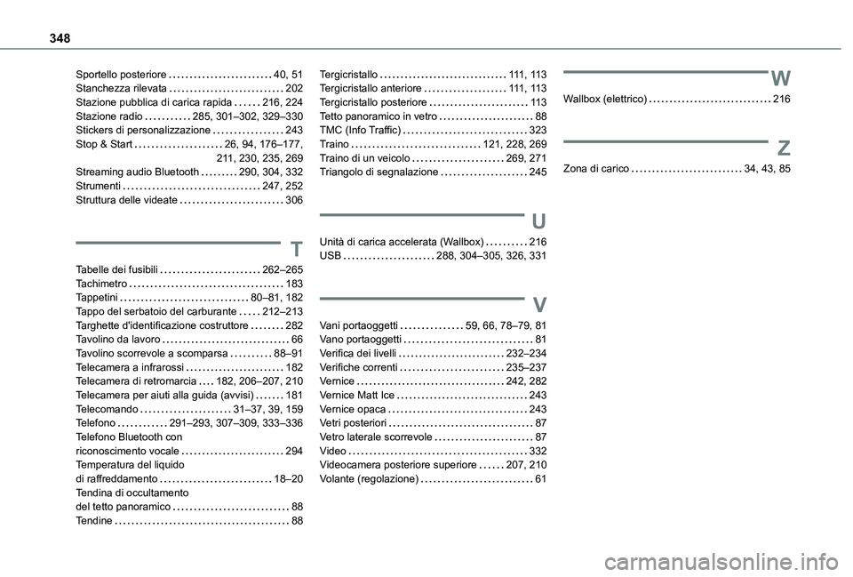TOYOTA PROACE VERSO EV 2020 Manuale duso (in Italian) 348
Sportello posteriore 40, 51Stanchezza rilevata 202Stazione pubblica di carica rapida 216, 224Stazione radio 285, 301–302, 329–330Stickers di personalizzazione 243Stop & Start 26, 9 TOYOTA PROACE VERSO EV 2020 Manuale duso (in Italian) 348
Sportello posteriore 40, 51Stanchezza rilevata 202Stazione pubblica di carica rapida 216, 224Stazione radio 285, 301–302, 329–330Stickers di personalizzazione 243Stop & Start 26, 9