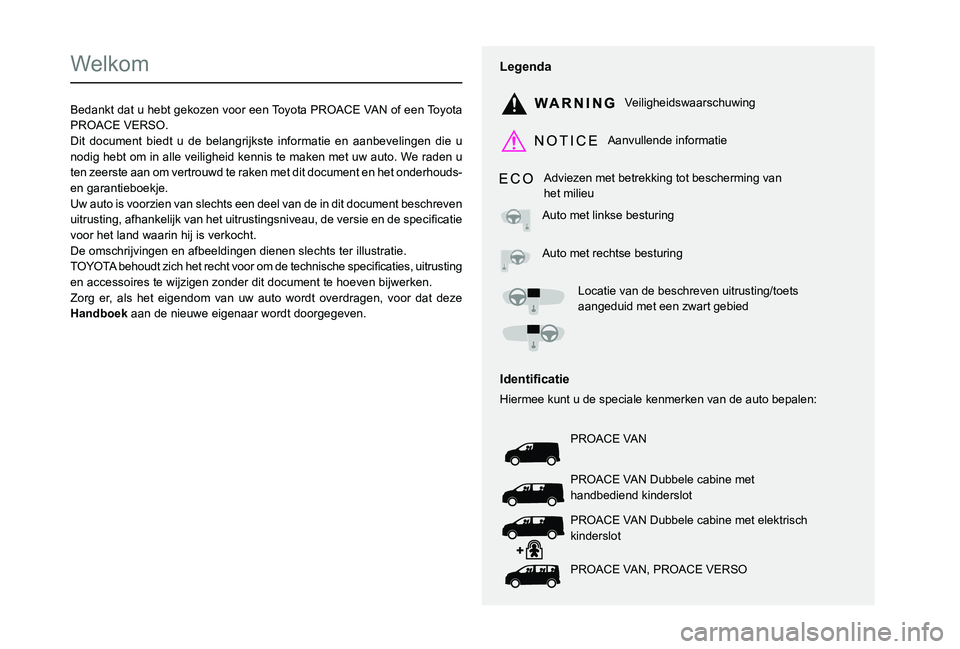 TOYOTA PROACE VERSO EV 2020  Instructieboekje (in Dutch)  
  
 
  
 
  
  
  
  
   
   
 
  
   
   
   
Welkom
Bedankt dat u hebt gekozen voor een Toyota PROACE VAN of een Toyota PROACE VERSO.Dit document biedt u de belangrijkste informatie en aanbeveling