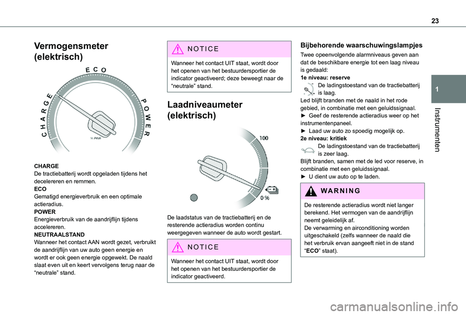 TOYOTA PROACE VERSO EV 2020 Instructieboekje (in Dutch) 23
Instrumenten
1
Vermogensmeter
(elektrisch)
CHARGEDe tractiebatterij wordt opgeladen tijdens het decelereren en remmen.ECOGematigd energieverbruik en een optimale actieradius.POWEREnergieverbrui TOYOTA PROACE VERSO EV 2020 Instructieboekje (in Dutch) 23
Instrumenten
1
Vermogensmeter
(elektrisch)
CHARGEDe tractiebatterij wordt opgeladen tijdens het decelereren en remmen.ECOGematigd energieverbruik en een optimale actieradius.POWEREnergieverbrui