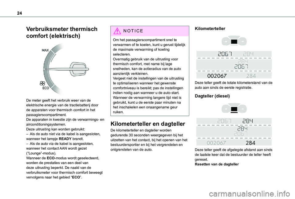 TOYOTA PROACE VERSO EV 2020 Instructieboekje (in Dutch) 24
Verbruiksmeter thermisch
comfort (elektrisch)
De meter geeft het verbruik weer van de elektrische energie van de tractiebatterij door de apparaten voor thermisch comfort in het passagierscompar TOYOTA PROACE VERSO EV 2020 Instructieboekje (in Dutch) 24
Verbruiksmeter thermisch
comfort (elektrisch)
De meter geeft het verbruik weer van de elektrische energie van de tractiebatterij door de apparaten voor thermisch comfort in het passagierscompar