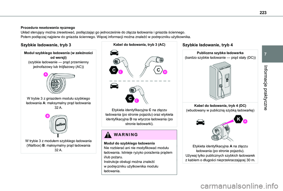 TOYOTA PROACE VERSO EV 2020  Instrukcja obsługi (in Polish) 223
Informacje praktyczne
7
Procedura resetowania ręcznegoUkład sterujący można zresetować, podłączając go jednocześnie do złącza ładowania i gniazda ściennego.Potem podłączaj najpierw 