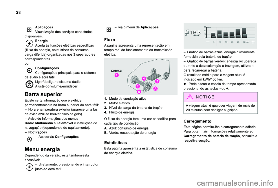 TOYOTA PROACE VERSO EV 2020  Manual de utilização (in Portuguese) 28
AplicaçõesVisualização dos serviços conectados disponíveis.EnergiaAceda às funções elétricas específicas (fluxo de energia, estatísticas de consumo, carga diferida) organizadas nos 3 se