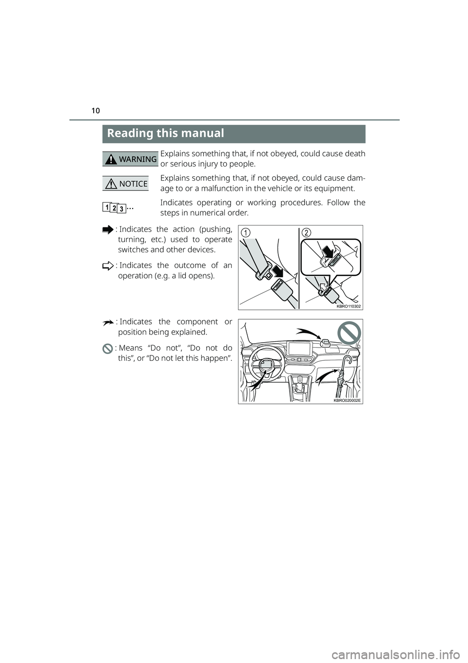 TOYOTA RAIZE 2023 User Guide 10
RAIZE_OM_General_BZ358E
Reading this manual
Explains something that, if not obeyed, could cause deathor serious injury to people.
Explains something that, if not obeyed, could cause dam- age to TOYOTA RAIZE 2023 User Guide 10
RAIZE_OM_General_BZ358E
Reading this manual
Explains something that, if not obeyed, could cause deathor serious injury to people.
Explains something that, if not obeyed, could cause dam- age to