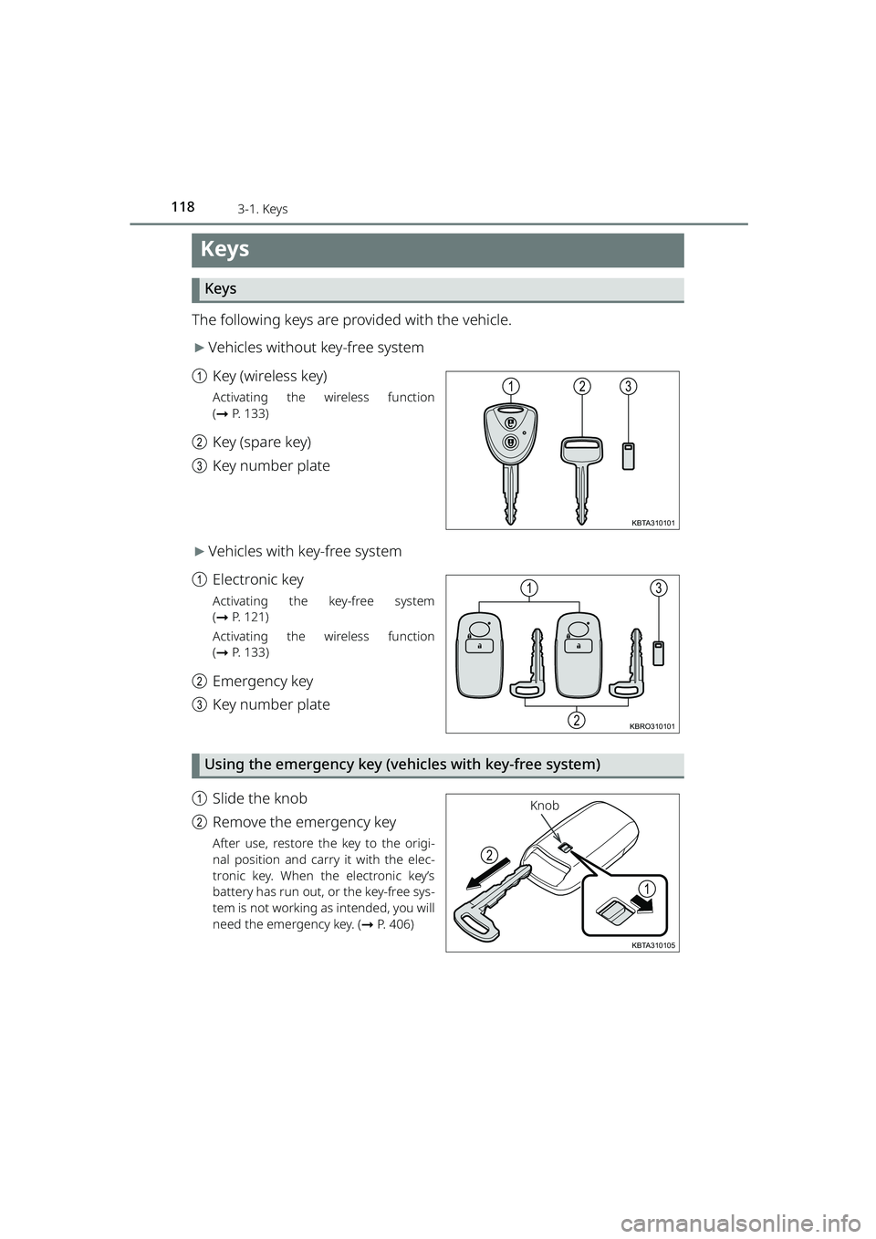 TOYOTA RAIZE 2023 Owners Manual 118
RAIZE_OM_General_BZ358E
3-1. Keys
Keys
Keys
The following keys are provided with the vehicle.
▶Vehicles without key-free system
a Key (wireless key)
Activating the wireless function
(➞ P. 133) TOYOTA RAIZE 2023 Owners Manual 118
RAIZE_OM_General_BZ358E
3-1. Keys
Keys
Keys
The following keys are provided with the vehicle.
▶Vehicles without key-free system
a Key (wireless key)
Activating the wireless function
(➞ P. 133)