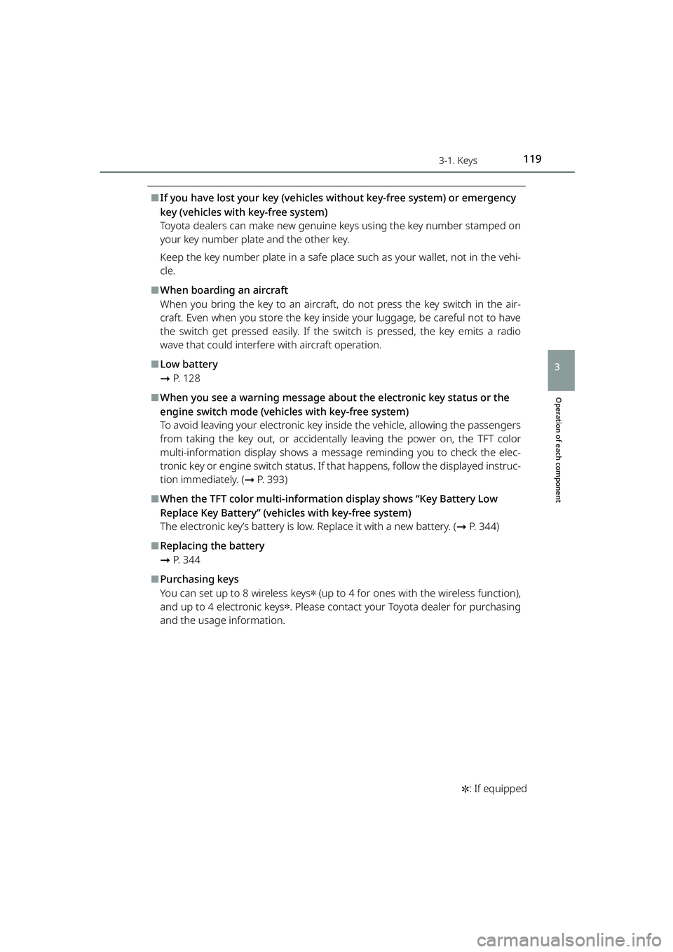 TOYOTA RAIZE 2023 Owners Manual 1193-1. Keys
RAIZE_OM_General_BZ358E✽
: If equipped
Operation of each component
3
⬛If you have lost your key (vehicles without key-free system) or emergency
key (vehicles with key-free system)
T TOYOTA RAIZE 2023 Owners Manual 1193-1. Keys
RAIZE_OM_General_BZ358E✽
: If equipped
Operation of each component
3
⬛If you have lost your key (vehicles without key-free system) or emergency
key (vehicles with key-free system)
T