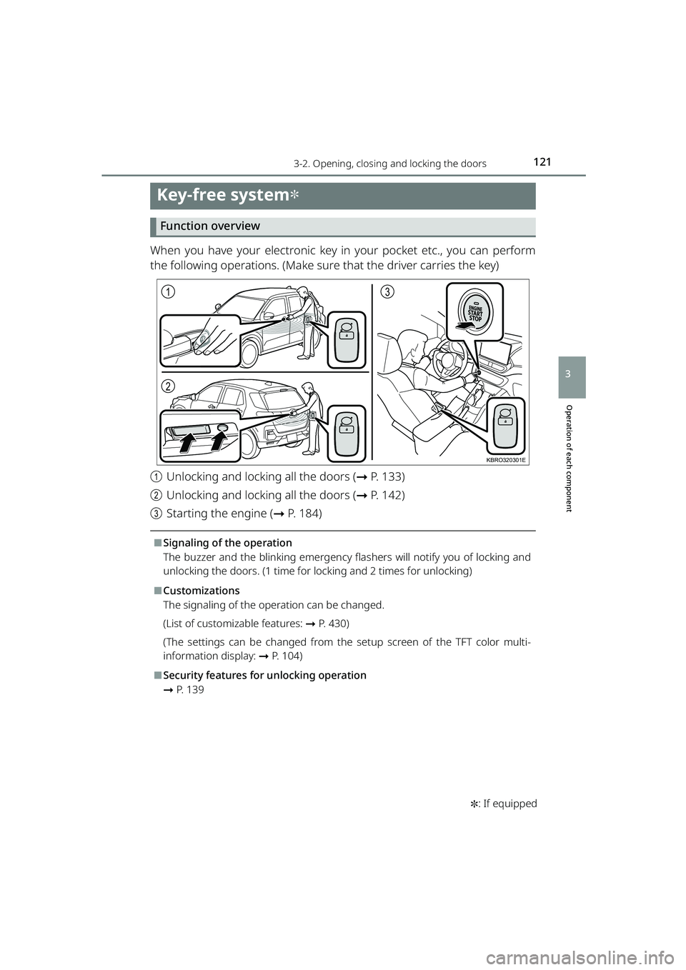 TOYOTA RAIZE 2023 Owners Manual 121
RAIZE_OM_General_BZ358E✽
: If equipped
Operation of each component
3
3-2. Opening, closing and locking the doors
Key-free system✽
Function overview
When you have your electronic key in your p TOYOTA RAIZE 2023 Owners Manual 121
RAIZE_OM_General_BZ358E✽
: If equipped
Operation of each component
3
3-2. Opening, closing and locking the doors
Key-free system✽
Function overview
When you have your electronic key in your p