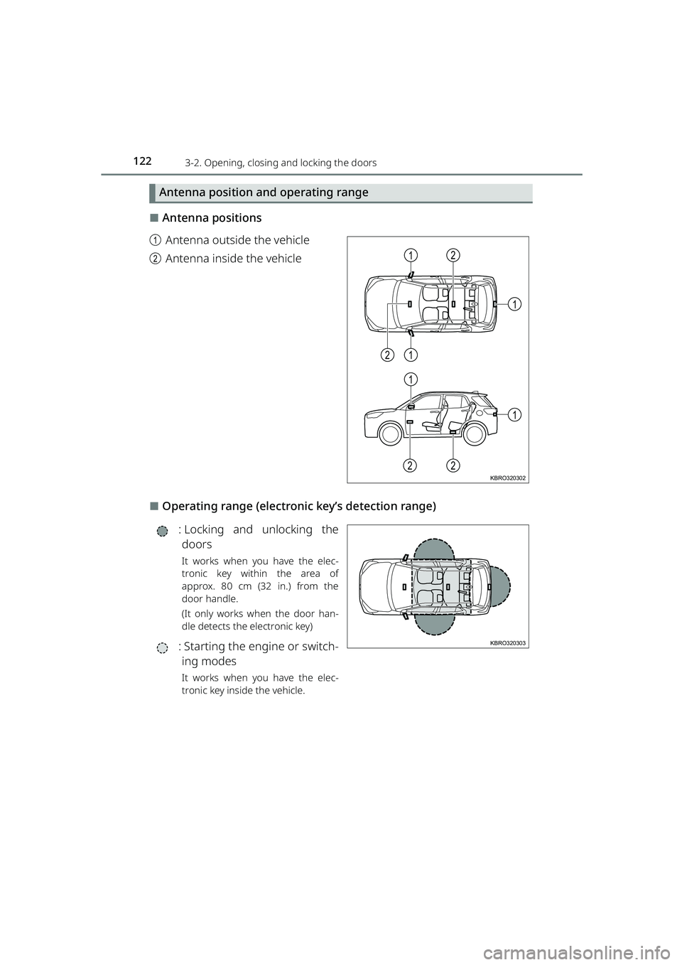 TOYOTA RAIZE 2023 Owners Manual 1223-2. Opening, closing and locking the doors
RAIZE_OM_General_BZ358E
Antenna position and operating range
⬛Antenna positions
a Antenna outside the vehicle
b Antenna inside the vehicle
⬛Operating TOYOTA RAIZE 2023 Owners Manual 1223-2. Opening, closing and locking the doors
RAIZE_OM_General_BZ358E
Antenna position and operating range
⬛Antenna positions
a Antenna outside the vehicle
b Antenna inside the vehicle
⬛Operating