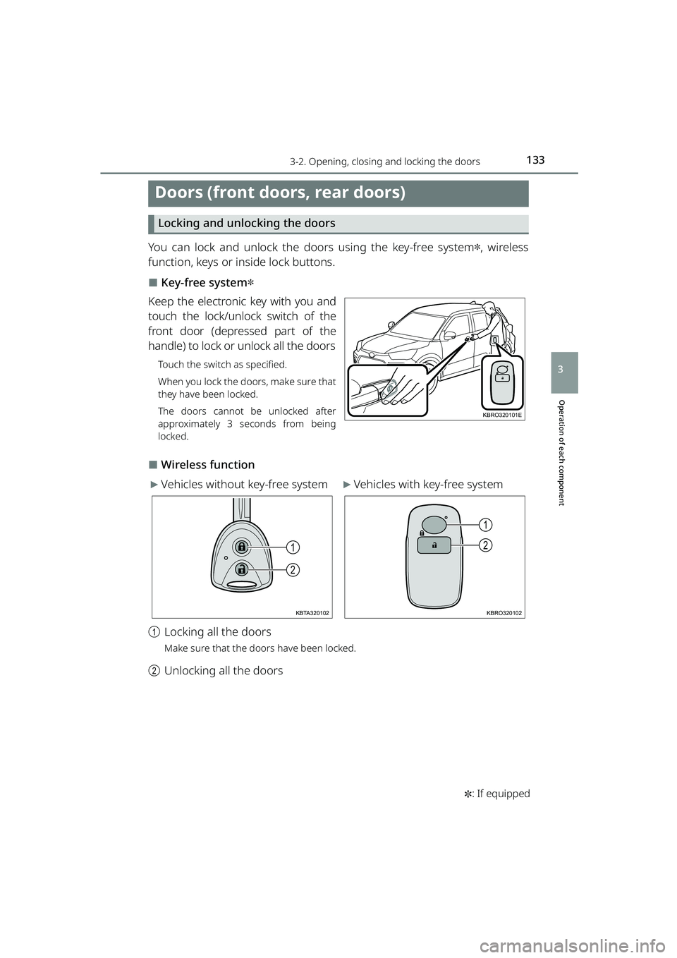 TOYOTA RAIZE 2023 Owners Manual 1333-2. Opening, closing and locking the doors
RAIZE_OM_General_BZ358E ✽
: If equipped
Operation of each component
3
Doors (front doors, rear doors)
Locking and unloc king the doors
You can lock and TOYOTA RAIZE 2023 Owners Manual 1333-2. Opening, closing and locking the doors
RAIZE_OM_General_BZ358E ✽
: If equipped
Operation of each component
3
Doors (front doors, rear doors)
Locking and unloc king the doors
You can lock and