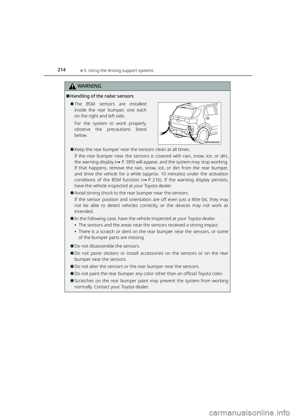 TOYOTA RAIZE 2023 User Guide 2144-5. Using the driving support systems
RAIZE_OM_General_BZ358E
WARNING
⬛Handling of the radar sensors
⚫The BSM sensors are installed
inside the rear bumper, one each
on the right and left side. TOYOTA RAIZE 2023 User Guide 2144-5. Using the driving support systems
RAIZE_OM_General_BZ358E
WARNING
⬛Handling of the radar sensors
⚫The BSM sensors are installed
inside the rear bumper, one each
on the right and left side.