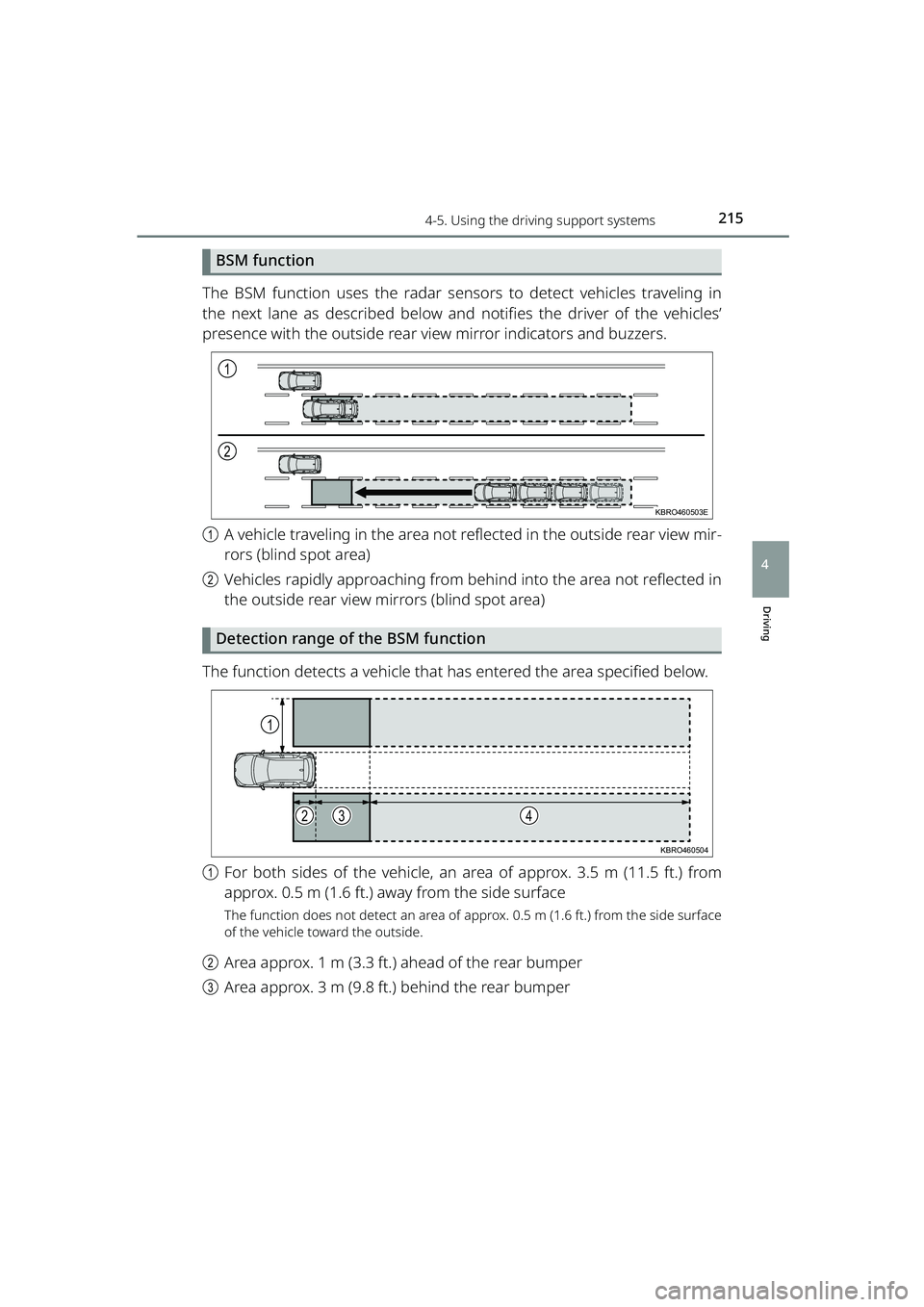 TOYOTA RAIZE 2023 User Guide 2154-5. Using the driving support systems
RAIZE_OM_General_BZ358E
Driving
4
BSM function
The BSM function uses the radar sensors to detect vehicles traveling in
the next lane as described below and no TOYOTA RAIZE 2023 User Guide 2154-5. Using the driving support systems
RAIZE_OM_General_BZ358E
Driving
4
BSM function
The BSM function uses the radar sensors to detect vehicles traveling in
the next lane as described below and no