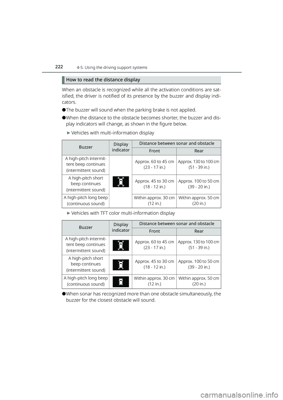TOYOTA RAIZE 2023 Repair Manual 2224-5. Using the driving support systems
RAIZE_OM_General_BZ358E
How to read the distance display
When an obstacle is recognized while all the activation conditions are sat-
isfied, the driver is not TOYOTA RAIZE 2023 Repair Manual 2224-5. Using the driving support systems
RAIZE_OM_General_BZ358E
How to read the distance display
When an obstacle is recognized while all the activation conditions are sat-
isfied, the driver is not