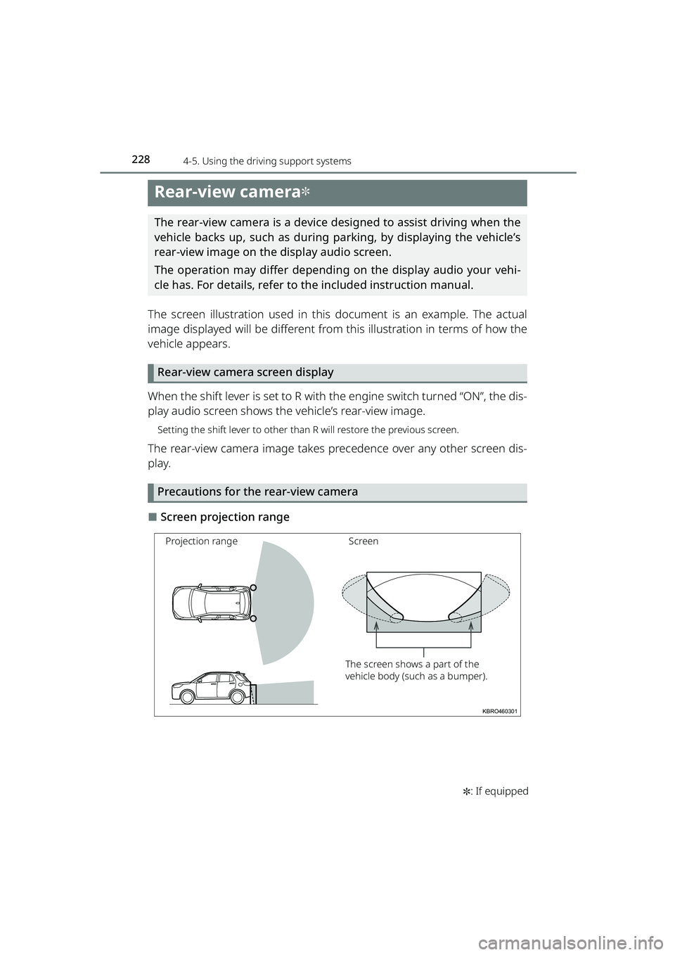 TOYOTA RAIZE 2023 Repair Manual 2284-5. Using the driving support systems
RAIZE_OM_General_BZ358E✽
: If equipped
Rear-view camera✽
The rear-view camera is a device designed to assist driving when the
vehicle backs up, such as du TOYOTA RAIZE 2023 Repair Manual 2284-5. Using the driving support systems
RAIZE_OM_General_BZ358E✽
: If equipped
Rear-view camera✽
The rear-view camera is a device designed to assist driving when the
vehicle backs up, such as du