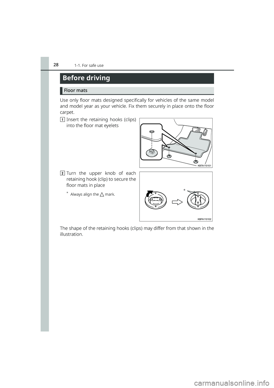 TOYOTA RAIZE 2023 Owners Manual 28
RAIZE_OM_General_BZ358E
1-1. For safe use
Before driving
Floor mats
Use only floor mats designed specifically for vehicles of the same model
and model year as your vehicle. Fix them securely in pla TOYOTA RAIZE 2023 Owners Manual 28
RAIZE_OM_General_BZ358E
1-1. For safe use
Before driving
Floor mats
Use only floor mats designed specifically for vehicles of the same model
and model year as your vehicle. Fix them securely in pla