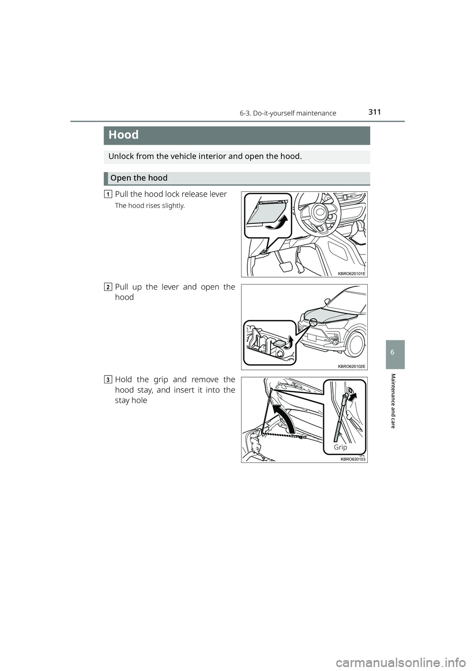 TOYOTA RAIZE 2023 Owners Manual 3116-3. Do-it-yourself maintenance
RAIZE_OM_General_BZ358E
Maintenance and care
6
Hood
Unlock from the vehicle interior and open the hood.Open the hood
a Pull the hood lock release lever
The hood rise TOYOTA RAIZE 2023 Owners Manual 3116-3. Do-it-yourself maintenance
RAIZE_OM_General_BZ358E
Maintenance and care
6
Hood
Unlock from the vehicle interior and open the hood.Open the hood
a Pull the hood lock release lever
The hood rise
