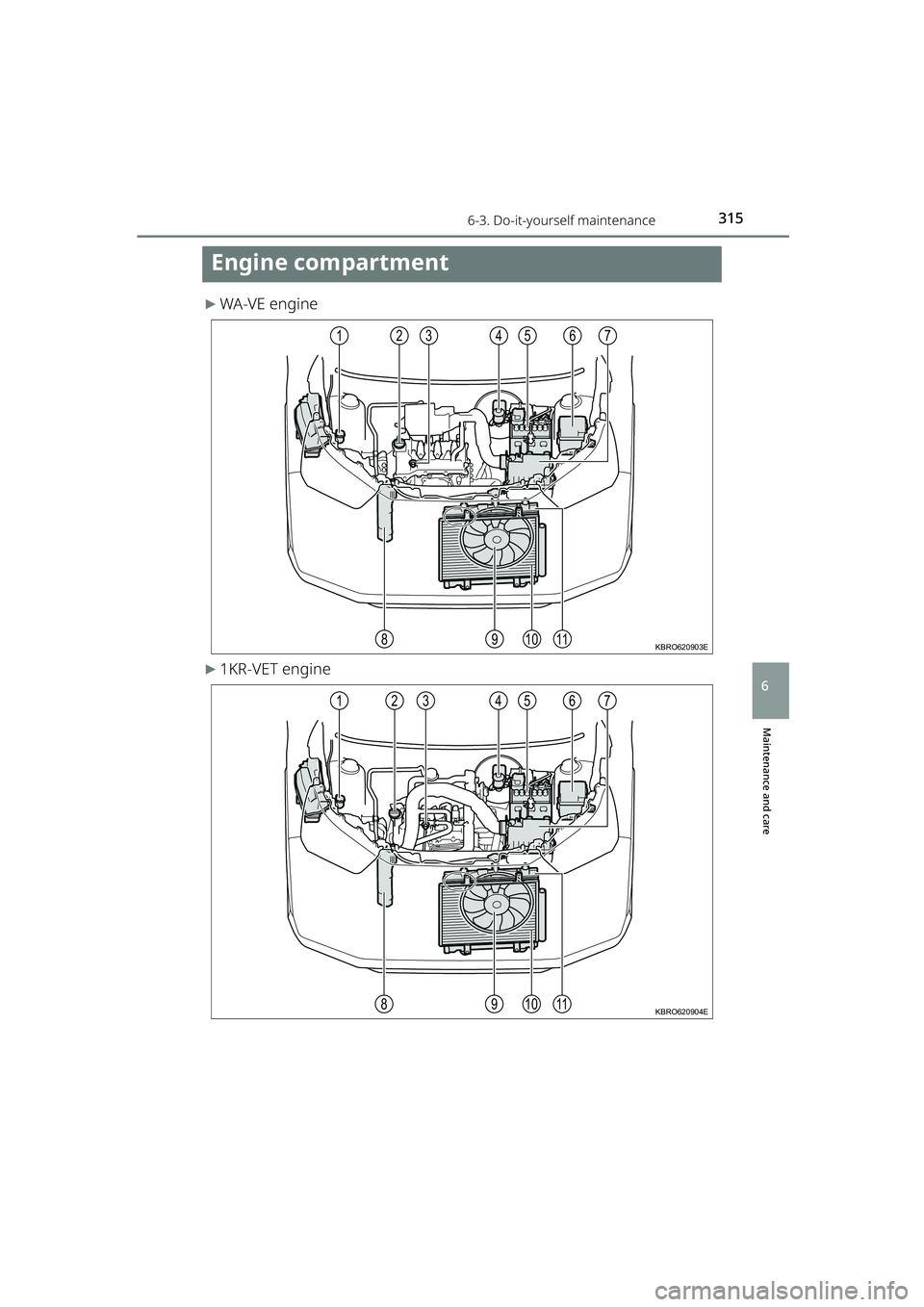 TOYOTA RAIZE 2023 Owners Manual 3156-3. Do-it-yourself maintenance
RAIZE_OM_General_BZ358E
Maintenance and care
6
Engine compartment
▶WA-VE engine
▶1KR-VET engine
98
1236574
1011KBRO620903E
123
98
6574
1011KBRO620904E
RAIZE_OM_G TOYOTA RAIZE 2023 Owners Manual 3156-3. Do-it-yourself maintenance
RAIZE_OM_General_BZ358E
Maintenance and care
6
Engine compartment
▶WA-VE engine
▶1KR-VET engine
98
1236574
1011KBRO620903E
123
98
6574
1011KBRO620904E
RAIZE_OM_G