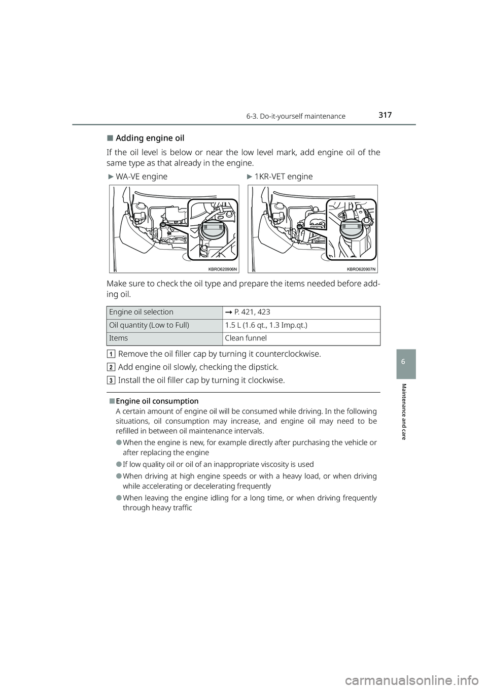 TOYOTA RAIZE 2023 Owners Guide 3176-3. Do-it-yourself maintenance
RAIZE_OM_General_BZ358E
Maintenance and care
6
⬛Adding engine oil
If the oil level is below or near the low level mark, add engine oil of the
same type as that alr TOYOTA RAIZE 2023 Owners Guide 3176-3. Do-it-yourself maintenance
RAIZE_OM_General_BZ358E
Maintenance and care
6
⬛Adding engine oil
If the oil level is below or near the low level mark, add engine oil of the
same type as that alr