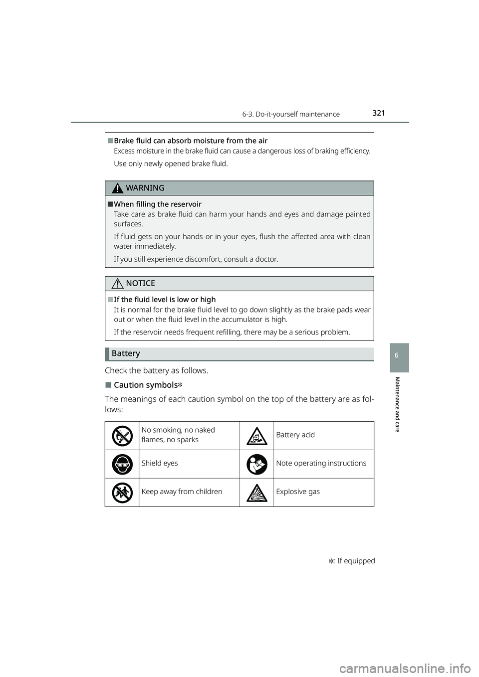 TOYOTA RAIZE 2023 Owners Manual 3216-3. Do-it-yourself maintenance
RAIZE_OM_General_BZ358E✽
: If equipped
Maintenance and care
6
⬛Brake fluid can absorb moisture from the air
Excess moisture in the brake fluid can ca use a dange TOYOTA RAIZE 2023 Owners Manual 3216-3. Do-it-yourself maintenance
RAIZE_OM_General_BZ358E✽
: If equipped
Maintenance and care
6
⬛Brake fluid can absorb moisture from the air
Excess moisture in the brake fluid can ca use a dange
