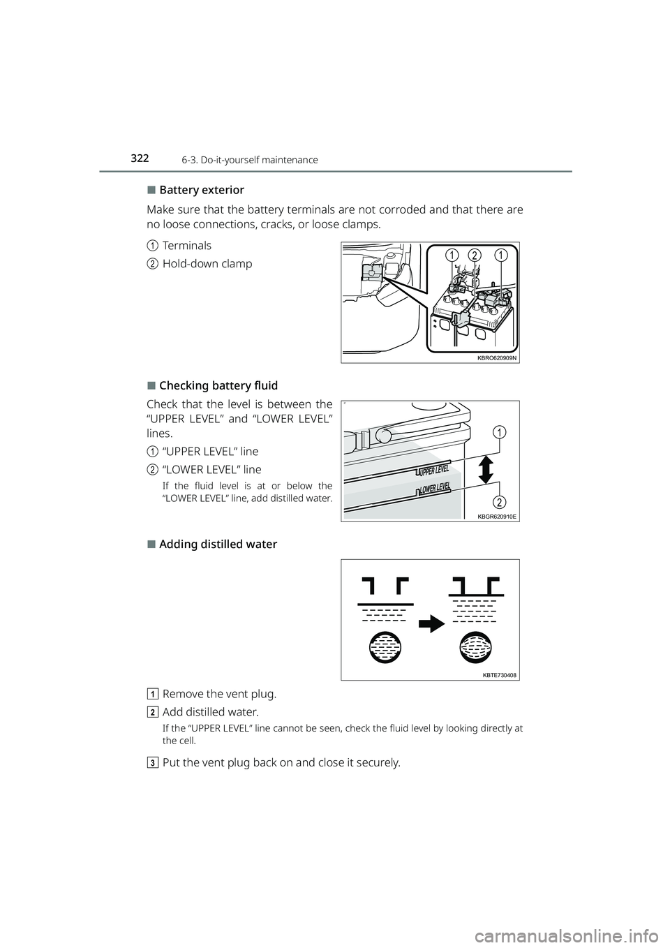 TOYOTA RAIZE 2023 Owners Manual 3226-3. Do-it-yourself maintenance
RAIZE_OM_General_BZ358E
⬛Battery exterior
Make sure that the battery terminals are not corroded and that there are
no loose connections, cracks, or loose clamps.
a TOYOTA RAIZE 2023 Owners Manual 3226-3. Do-it-yourself maintenance
RAIZE_OM_General_BZ358E
⬛Battery exterior
Make sure that the battery terminals are not corroded and that there are
no loose connections, cracks, or loose clamps.
a